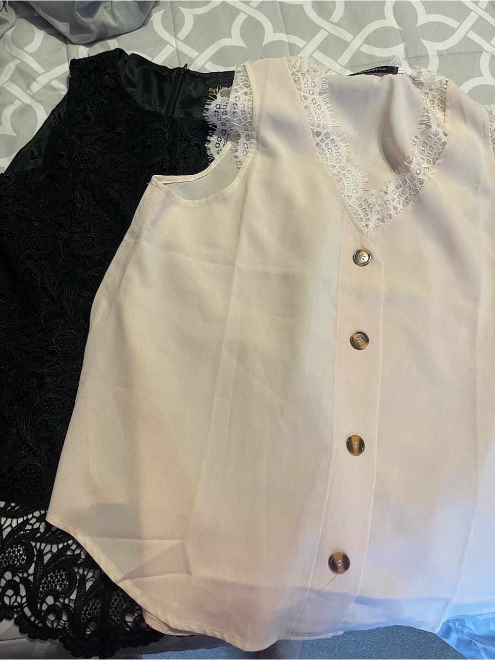 Sleeveless Blush Button-Front Top with Lace Trim & Black Lace sleeveless Top